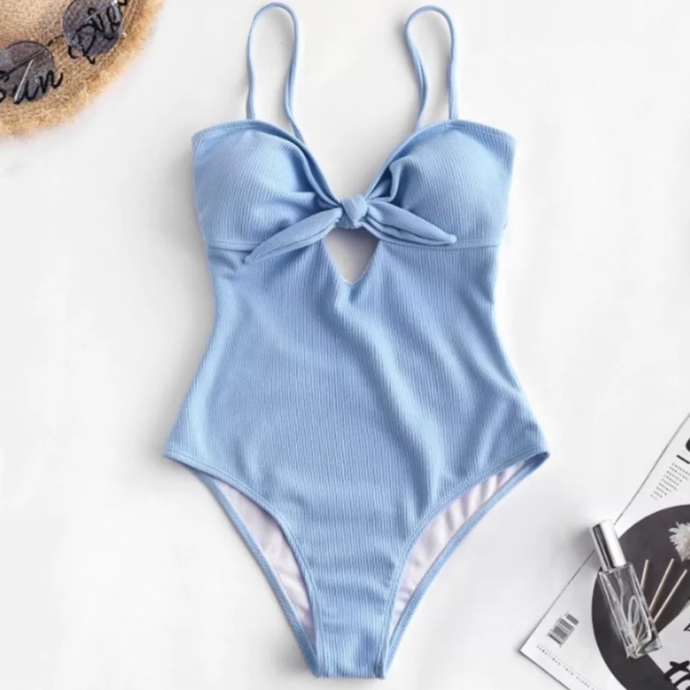 Blue Ribbed Once Piece Bikini Swimwear